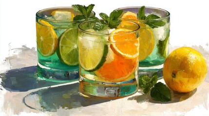 Fototapeta premium Three Glasses of Citrus Refreshment with Mint