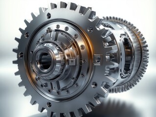 Close-up of polished metallic gears with intricate teeth and mechanical parts reflecting light on a smooth surface