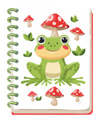 green frog smiles cheerfully on notebook cover vector illustration