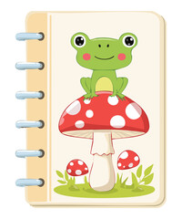 tranquil frog sits on a mushroom notebook vector illustration