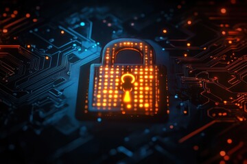 Glowing orange padlock symbol illuminated on a dark blue and black digital circuit board representing cybersecurity and data protection