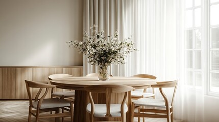 Modern Scandinavian dining space with pale tones, six chairs and floral centerpiece, calm ambiance, daylight through sheer curtain 
