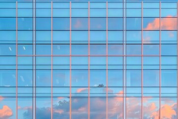 Reflection of pink clouds and blue sky on modern glass building facade with grid pattern windows
