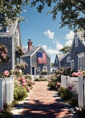 Charming pathway lined with pink flowers and white picket fences leading to classic shingled houses with an American flag under a bright blue sky