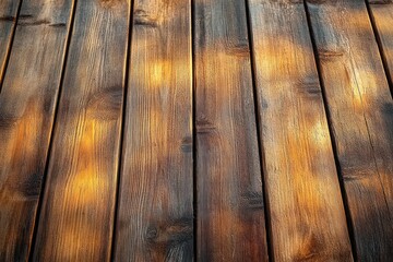 Close-up of wooden planks with natural grain and warm sunlight creating soft glowing patterns