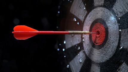 Close-up of a red dart perfectly hitting the bullseye on a black and white dartboard with water droplets and dark background