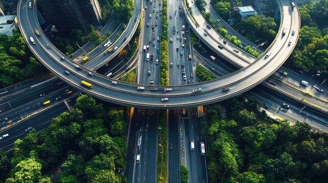 Aerial view of a busy multi-level highway interchange surrounded by lush green trees with various vehicles traveling on the roads during daylight - Powered by Adobe
