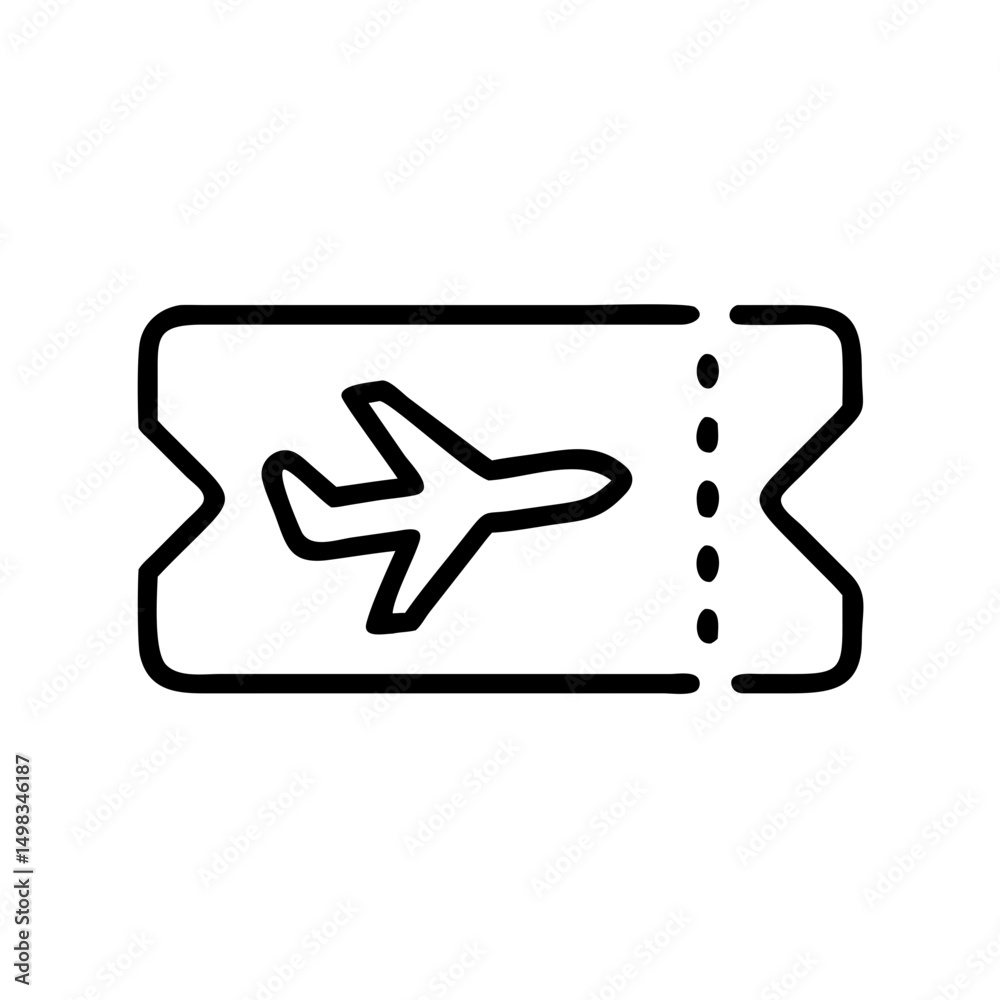 Poster Depicts a simple line drawing of an airplane ticket with perforated edge and airplane symbol inside it