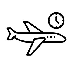 Airplane with clock showing time for departure or arrival on a white background design icon flat style