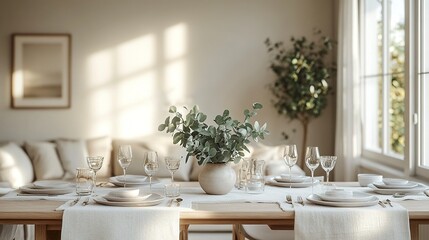 Scandinavian style Modern dining setup with eucalyptus centerpiece and simple tableware, cozy white living room corner, natural indoor lighting, clean aesthetic 