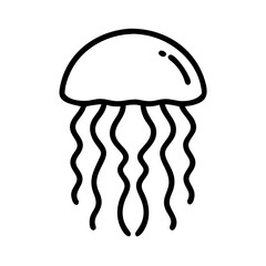 Simple graphic depiction of a jellyfish with wavy tentacles and a rounded bell shape in black outline