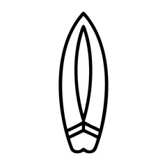 Simple outline drawing of a surfboard with a pointed nose and a rounded tail design for water sport use