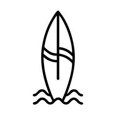 A surfboard with two stripes standing upright in the water with a minimalist outline style design element © whaption65288