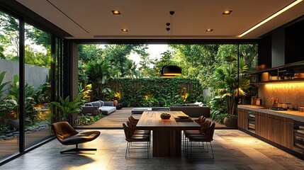 Fototapeta premium Serene home interior with wood table and chairs, open view to lush garden, peaceful soft lighting, modern organic design aesthetic 