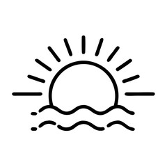Simple graphic showing sun rising over water with waves and sun rays in black and white minimal design