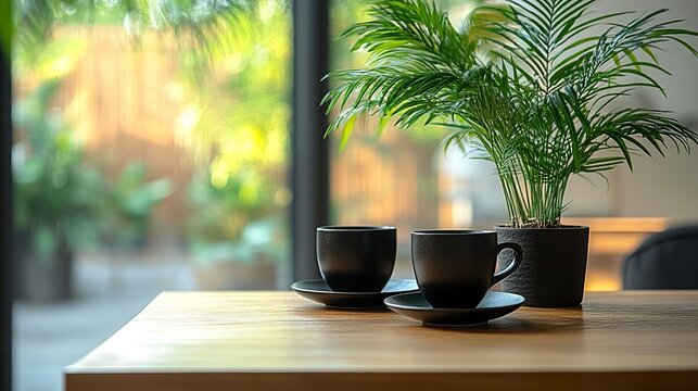 Small modern dining space with black ceramic cups, leafy plant and soft light, high contrast tones, clean minimalist aesthetic 