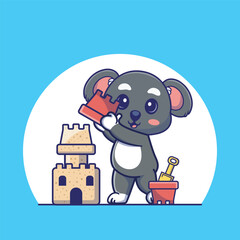 Delightful illustration of a curious koala holding a sandbucket, building a majestic sandcastle, perfect for kids project,nursery decor or summer themed design 