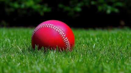 Crimson Baseball Resting on Fresh Green Grass