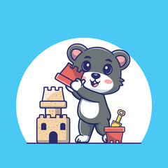 Delightful illustration of a curious mouse holding a sandbucket, building a majestic sandcastle, perfect for kids project,nursery decor or summer themed design 