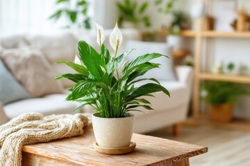 Peace lily plant on a wooden side table in a cozy living room