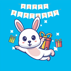 Delightful illustration of a flying rabbit  with a giftbox on this back, perfect for adding a touch of whimsy and joy to your design. Suitable for various projects, from birthday card 