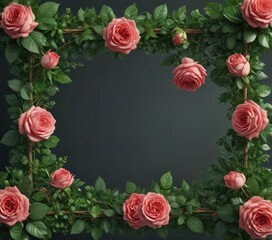 Fototapeta premium Isolated rose with vibrant green leaves forming a decorative frame , template, decoration, romantic