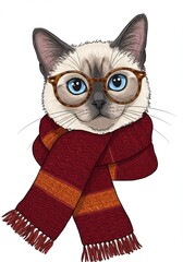 Adorable Siamese cat wearing stylish glasses and a cozy scarf, perfect for animal lovers and whimsical designs.
