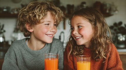 Siblings laughing while drinking juice in a bright kitchen 