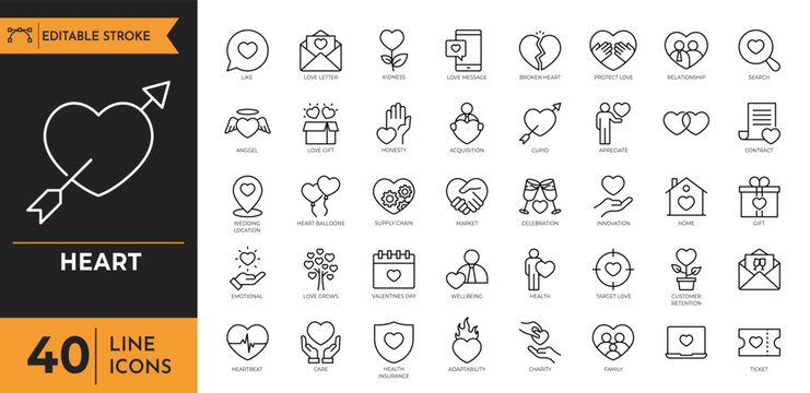 Heart outline icon set. Containing life, love, like, charity, caring, passion, healthcare, emotional, and more. Editable stroke. Vector illustration