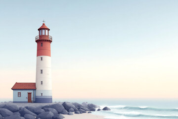 A red and white lighthouse stands on rocky shore by a calm sea under a soft pastel sky.
