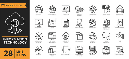 Information technology outline icon set. Containing Network, web design, website, computer, software, progress,programming, data, internet, and more. Editable stroke. Vector illustration
