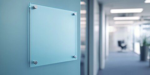 Modern office space features a glass sign on a blue wall indicating a meeting area or office room in a corporate environment