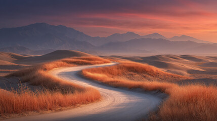 Winding white sand road through golden desert hills at sunset, warm color tones, soft natural light, dreamy scenic composition for travel backgrounds and editorials