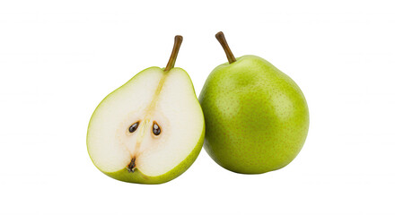 Close-up of whole and halved pears on transparent background