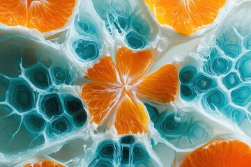 Vibrant orange segments encased in a teal, organic, almost alien-like structure.