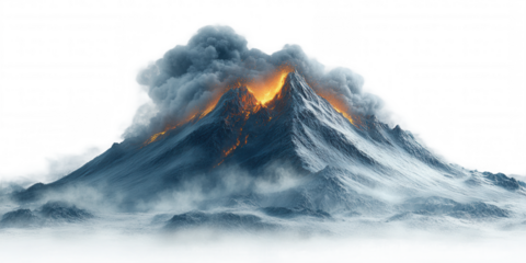 Erupting Volcano in Snowy Mountains on Transparent Background