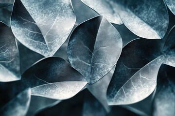 Obraz premium Close-up of textured, dark teal leaves overlapping, creating an abstract natural pattern.