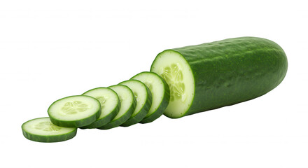 Elongated cucumber with slices on transparent background