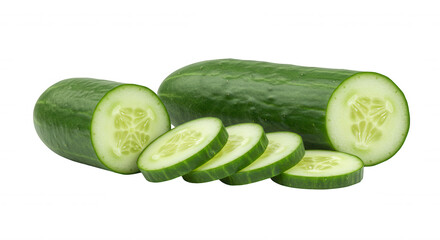 Fresh cucumbers with slices arranged in a circle on transparent background
