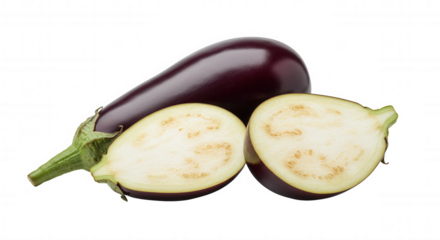 Three eggplants arranged in a triangle with one halved, isolated on transparent background