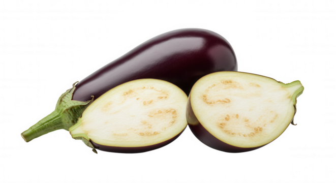 Three eggplants arranged in a triangle with one halved, isolated on transparent background