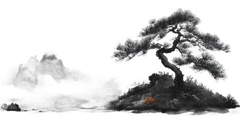 Monochrome Ink Painting of Pine Tree and Mountains on Transparent Background