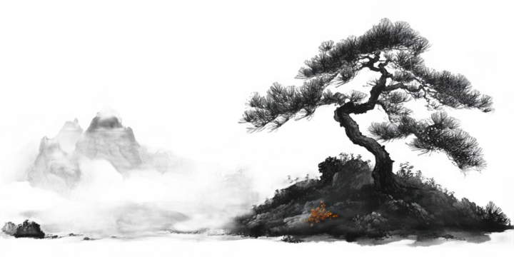 Monochrome Ink Painting of Pine Tree and Mountains on Transparent Background