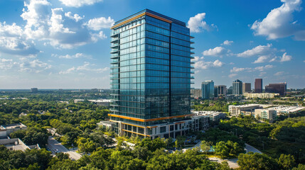 Fototapeta premium A glass commercial tower with lease opportunity banner stands tall behind green trees under blue sky with clouds in urban cityscape
