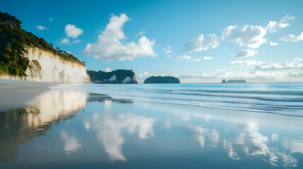 Fototapeta premium Tranquil beach scene with calm waters reflecting a serene sky.