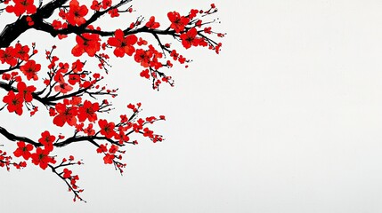 Fototapeta premium Red Blossoms on a Branch Against a White Background: A Minimalist Watercolor Painting