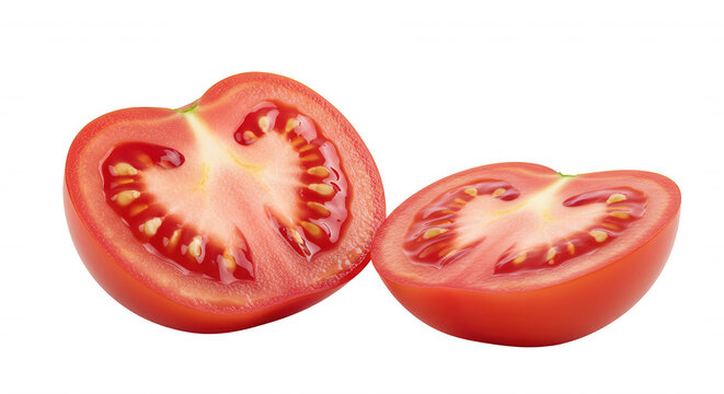 Close-up of two halves of a ripe red tomato with seeds on transparent background