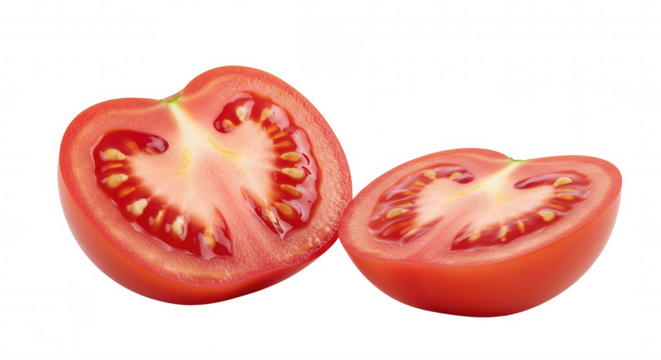 Close-up of two halves of a ripe red tomato with seeds on transparent background