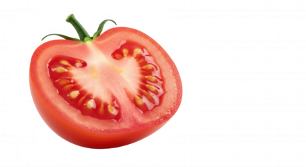 Close-up of a halved red tomato with seeds on transparent background