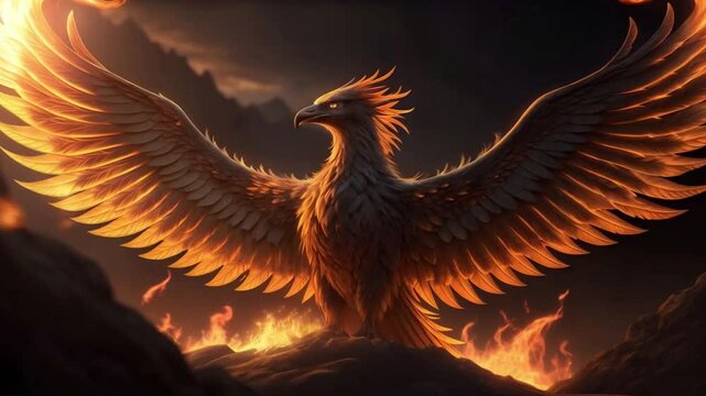 ave fenix with glowing wings, myth bird flying from lava and fire sky